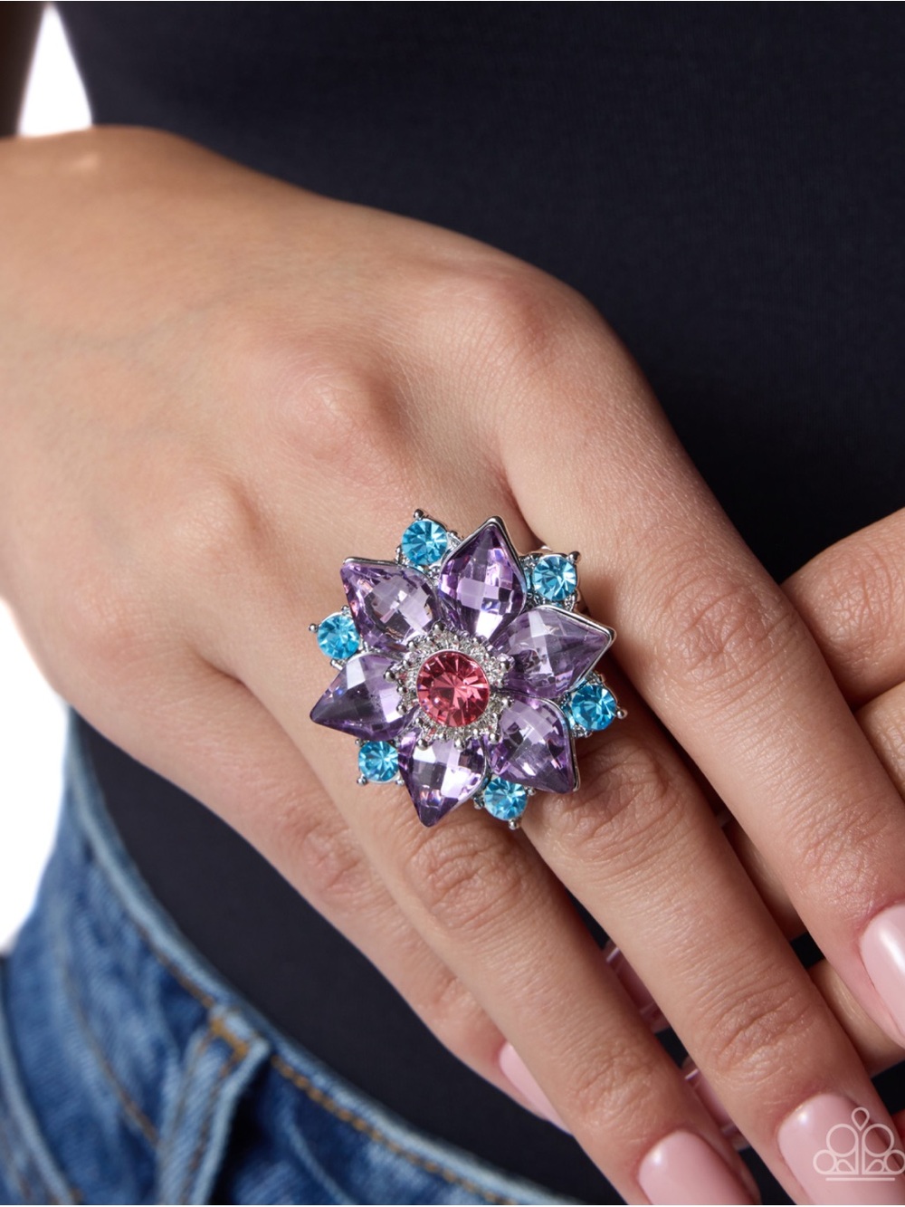 Floral Sparkle Cocktail Ring in Purple, Pink & Blue